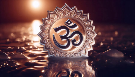 A sacred hindu religious Om symbol. An ancient symbol of awareness and enlightenment, Ai generated imageの写真素材