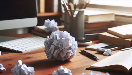 A crumppaper ball on a desk, Ai generated imageの写真素材