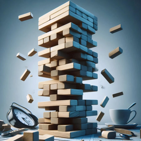 A tilted tower of wooden blocks, Ai generated image