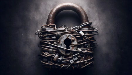 A rusted padlock on a chain, Ai generated imageの写真素材