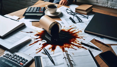 A spilcoffee cup on a desk, Ai generated imageの写真素材