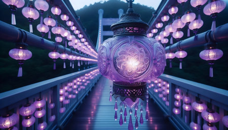 A beautifully illuminated purple glass lantern hanging on a bridge at night, surrounded by traditional lanterns. The scene captures the essence of a cultural festival with its rich decorations and warm, inviting light.の写真素材