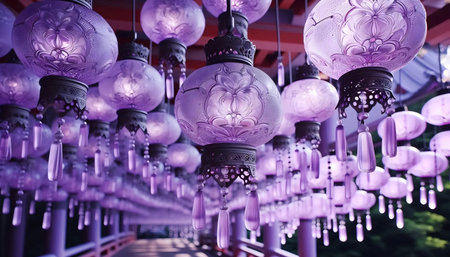 Decorative purple glass lanterns hanging in a traditional setting, AI generated imageの写真素材
