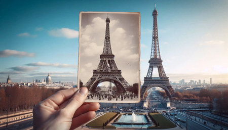 Then-and-now concept: retro postcard vs. modern Eiffel Tower, Ai generated image