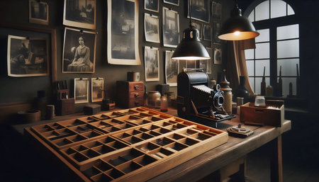 Old wooden desk in a black and white darkroom, Ai generated image