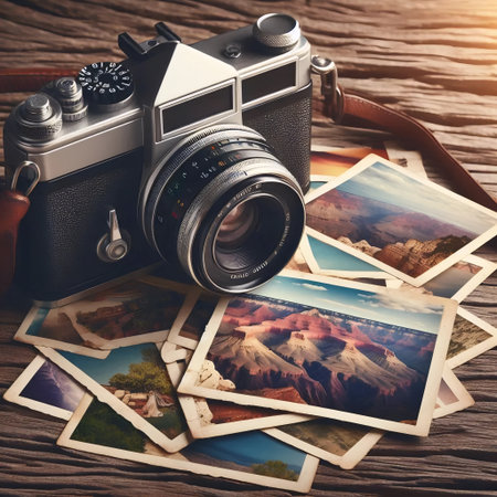 Vintage camera resting on a stack of sun-bleached photos, Ai generated imageの写真素材