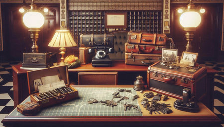 Hotel reception desk from 1920s with vintage luggage, Ai generated image