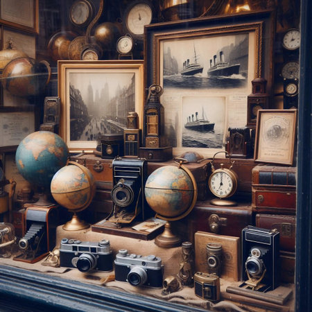 Antique shop window display with travel relics, Ai generated image