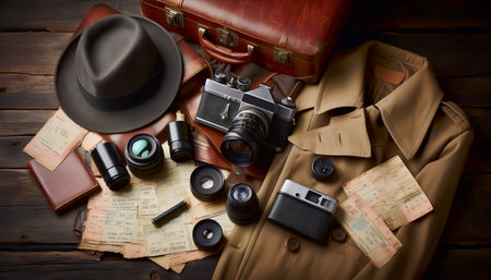 Retro travel photographers kit, Ai generated image