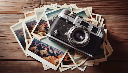 Vintage camera resting on a stack of sun-bleached photos, Ai generated image