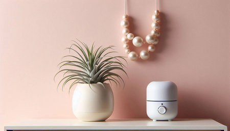 A boho-style interior, glass terrariums with air plants Tillandsia and a humidifier, Ai generated...