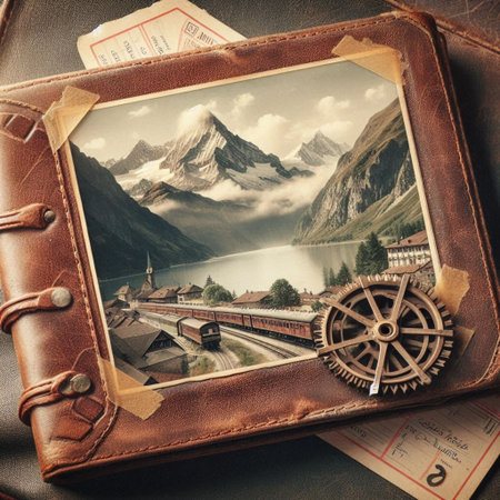 Worn leather postcard album open to reveal vintage Swiss Alps views, Ai generated image
