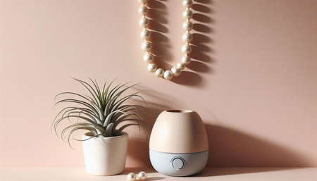 A boho-style interior, glass terrariums with air plants Tillandsia and a humidifier, Ai generated...