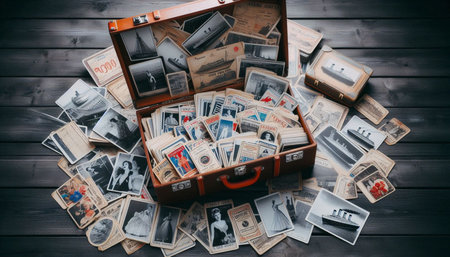Open steamer trunk spilling with cruise memorabilia, Ai generated image