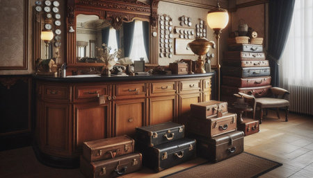 Hotel reception desk from 1920s with vintage luggage, Ai generated imageの写真素材