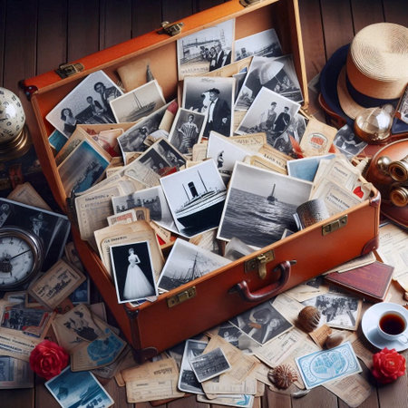 Open steamer trunk spilling with cruise memorabilia, Ai generated image
