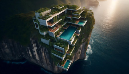 A cliffside retreat with living walls, Ai generated imageの写真素材