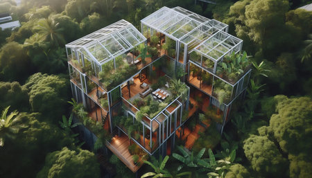 A glass-and-steel greenhouse home, Ai generated image