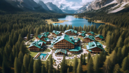 A mountain timber lodge, Ai generated imageの写真素材