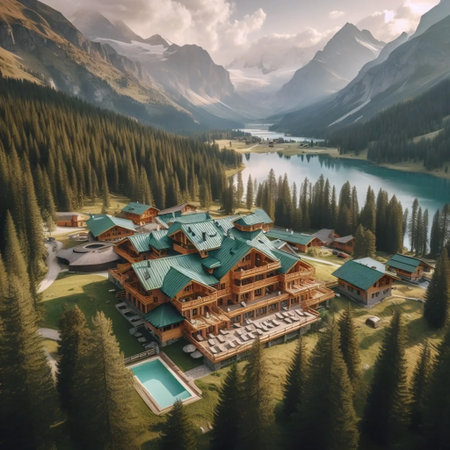 A mountain timber lodge, Ai generated image