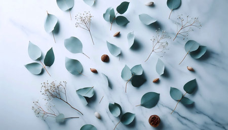 An eucalyptus leaves flat lay, Ai generated image