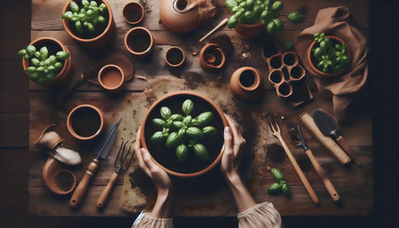 A hands planting herbs, Ai generated image