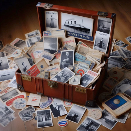 Open steamer trunk spilling with cruise memorabilia, Ai generated image