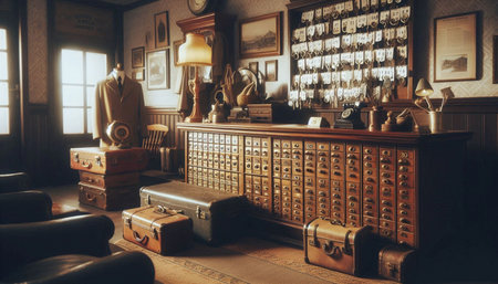 Hotel reception desk from 1920s with vintage luggage, Ai generated image