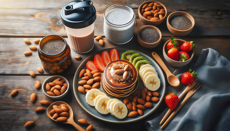 Top view of fitness breakfast: protein pancakes with almond butter, chia pudding and shaker bottle,...