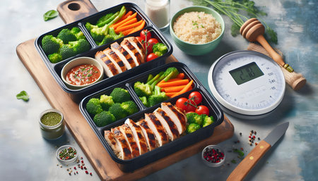 Vibrant fitness meal prep containers with grilled chicken, quinoa and broccoli, Ai created image