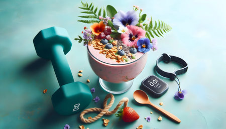 Frosted smoothie bowl with granola and edible flowers, Ai created image