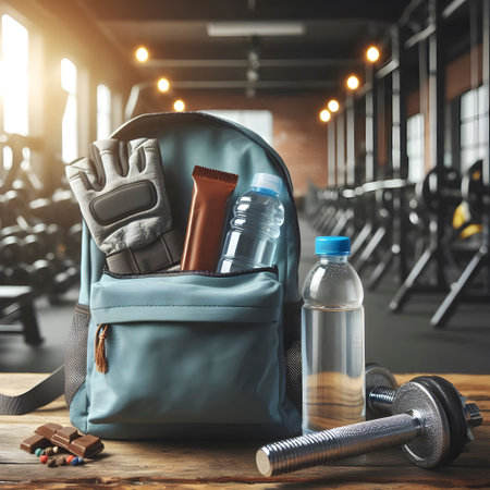 Gym backpack open to reveal water bottle, gloves and protein bars, Ai created imageの写真素材
