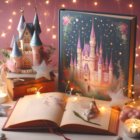 A beautifully illustrated fairy tale book, propped up next to a tiny castle toy and glittery stars,...