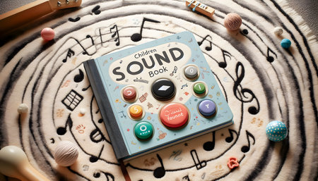 A childrens sound book with buttons to press, placed on a soft rug, Ai created image