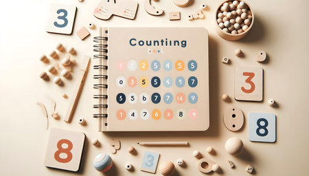 A counting book for toddlers, displayed with number flashcards and wooden counting beads, Ai created...