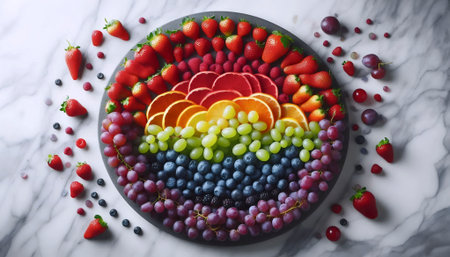 A vibrant rainbow fruit platter arranged in color gradient order from red strawberries to purple grapes, Ai created imageの写真素材