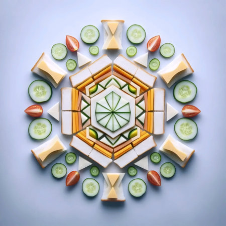Geometric food art composition featuring precisely cut sandwiches, cheese cubes and vegetable...