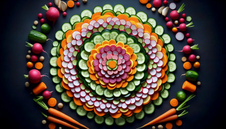 Colorful vegetable mandala created with thinly sliced radishes, cucumbers and carrots, Ai created imageの写真素材