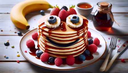 Whimsical pancake stack decorated with berry faces and banana slice smiles, drizzled with syrup in artistic patterns, Ai created imageの写真素材
