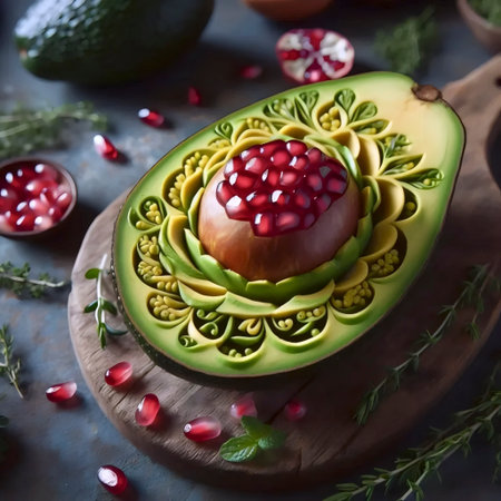 Avocado half carved into an intricate floral design with pomegranate seeds as centerpiece, Ai...