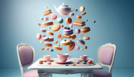 Surreal floating tea party with biscuits and macarons suspended in mid-air against pastel background, Ai created imageの写真素材