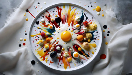Abstract expressionist style food art using splattered sauces and purees on white plate, Ai created...