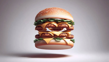 Optical illusion food art showing impossible burger structure with floating elements, Ai created imageの写真素材