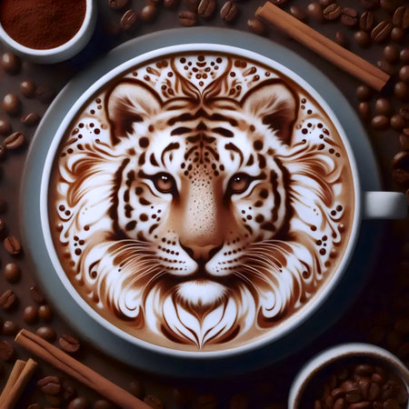 Coffee art masterpiece showing detailed animal portrait in latte foam, Ai created imageの写真素材
