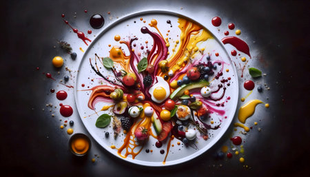 Abstract expressionist style food art using splattered sauces and purees on white plate, Ai created imageの写真素材