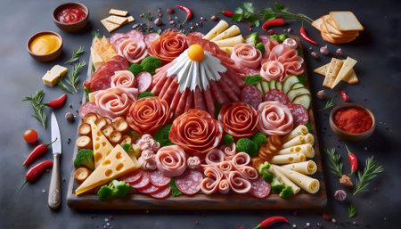 Artistic charcuterie board arranged to resemble a landscape with meat roses, cheese mountains and cracker pathways, Ai created imageの写真素材