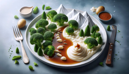 Miniature food landscape featuring broccoli trees, mashed potato mountains and gravy rivers on dinner plate, Ai created imageの写真素材