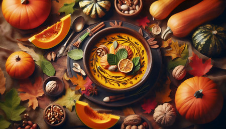 Seasonal autumn food art with pumpkin soup bowl surrounded by carved vegetable leaves and roasted nuts, Ai created imageの写真素材
