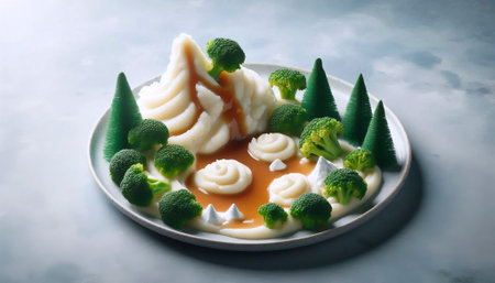 Miniature food landscape featuring broccoli trees, mashed potato mountains and gravy rivers on dinner plate, Ai created imageの写真素材