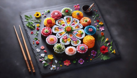 Creative sushi rolls arranged to form a colorful flower pattern on black slate, garnished with edible flowers and microgreens, Ai created imageの写真素材